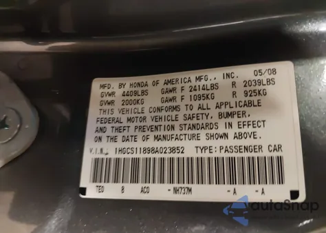 2008 Honda Accord 2.4 Ex-L из США, поврежденный, VIN 1HGCS11898A023852